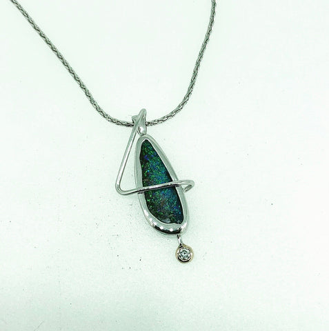 Silver Opal and Diamond Pendant