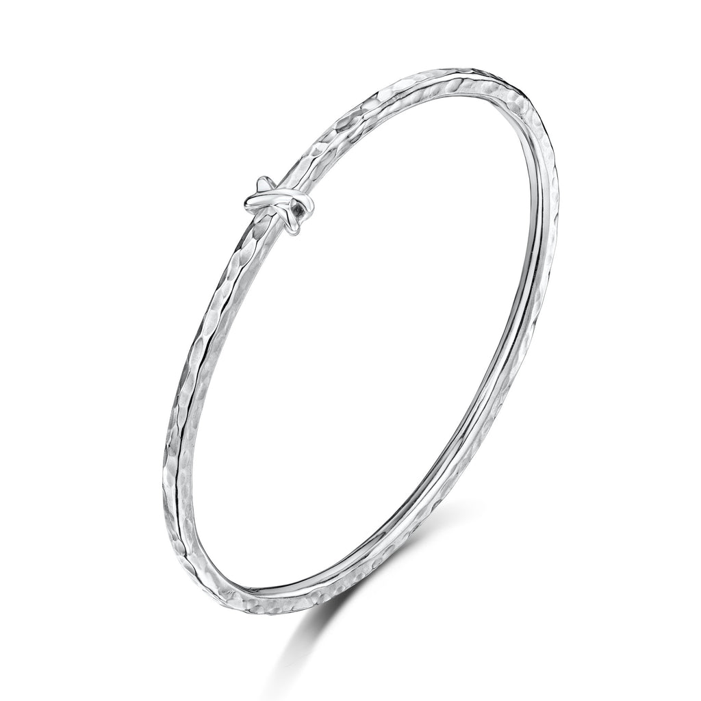 Sterling Silver 3mm Beaten Bangle with Kiss Bead